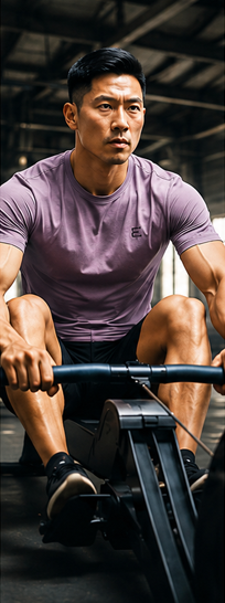 Man training on a rowing machine in ENFORCE performance tee