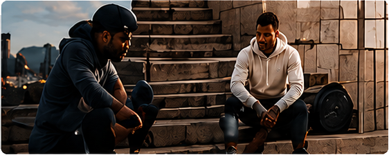 Men in recovery hoodies on urban steps