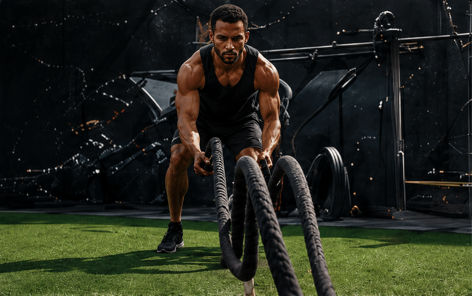 Athlete training with battle ropes