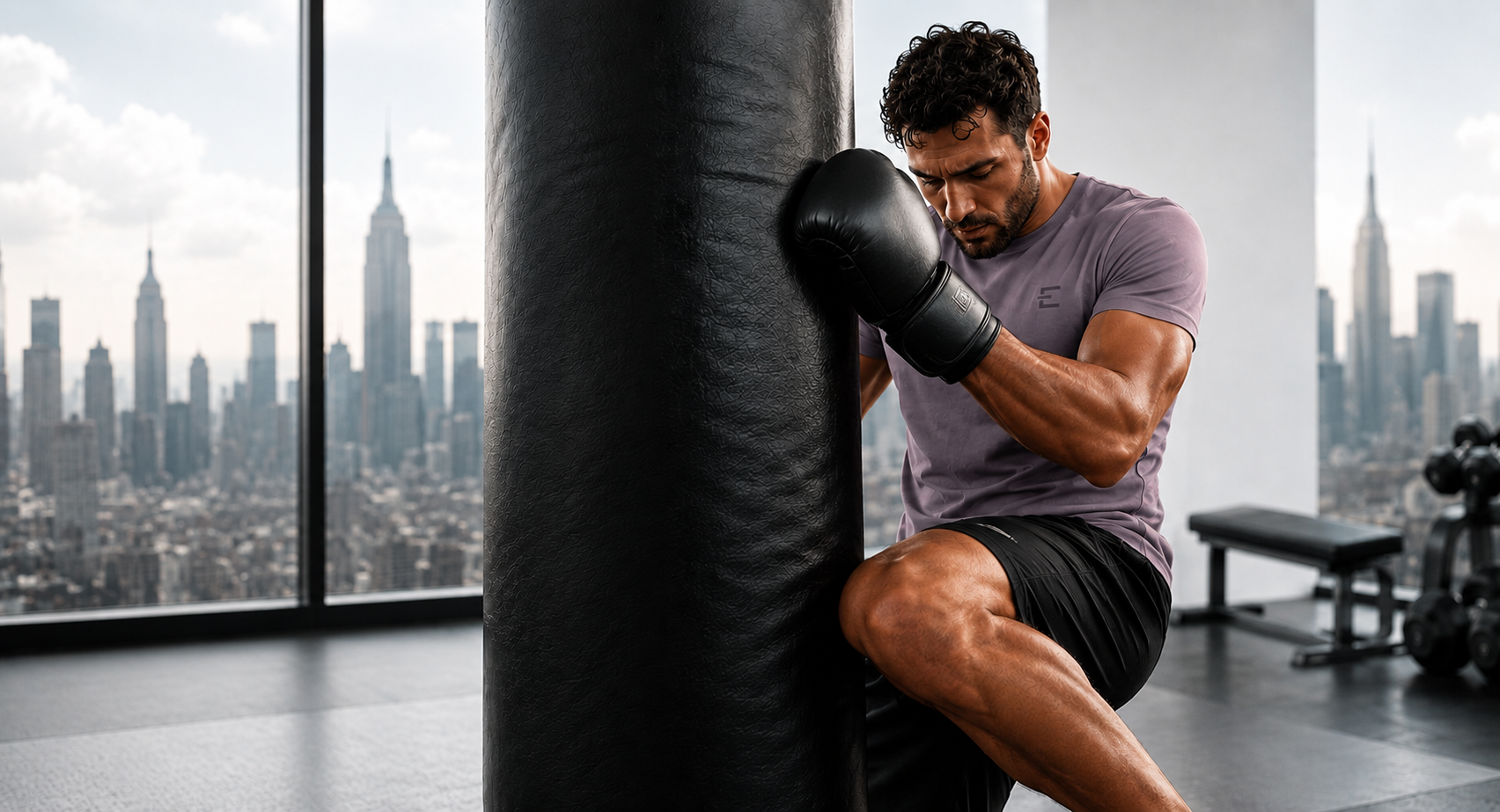 Man in ENFORCE bamboo athletic wear leaning on a punching bag in a gym with city skyline view
