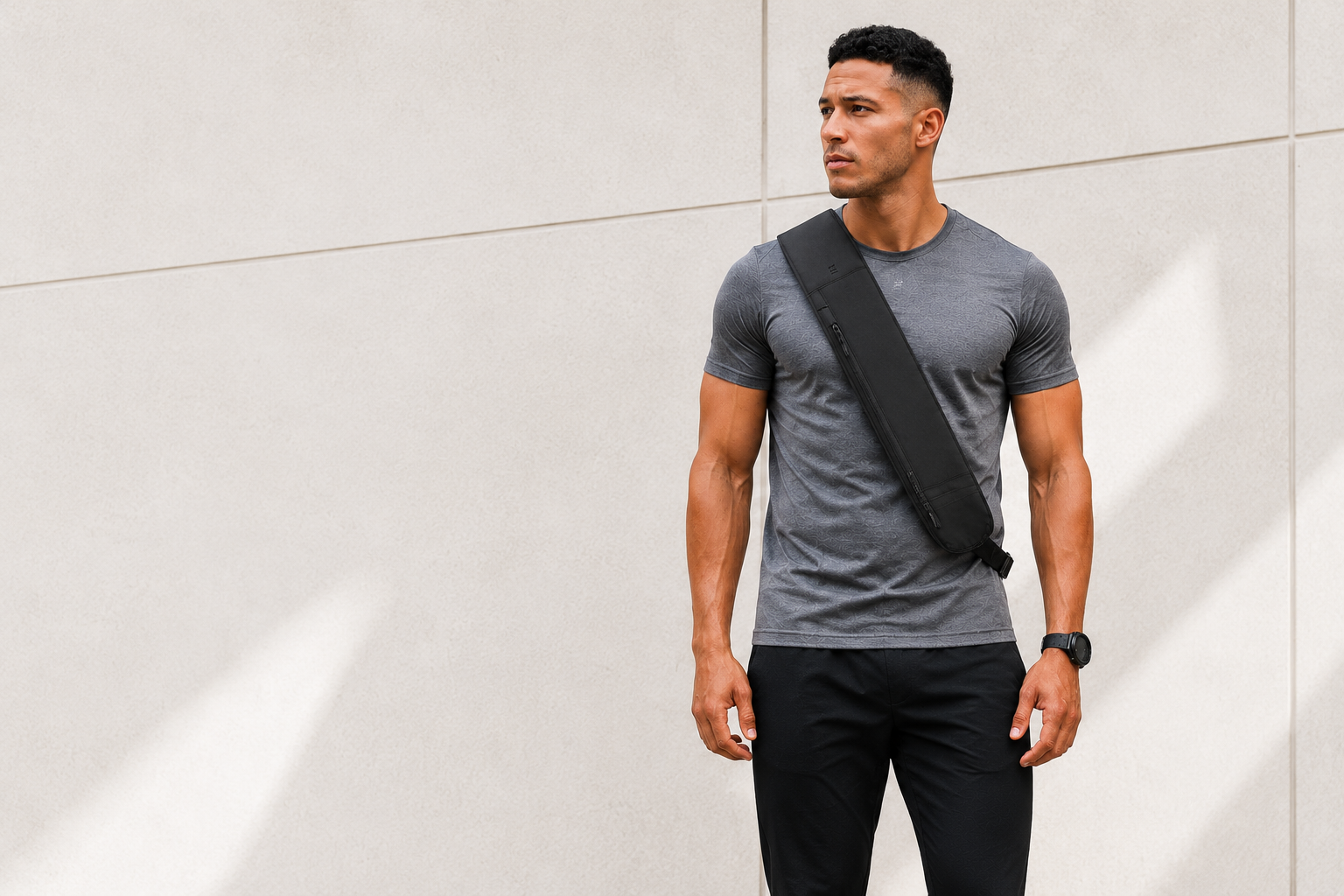 Man wearing ENFORCE Sling Belt crossbody bag