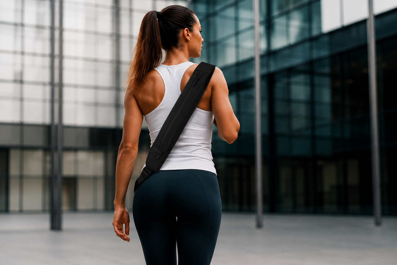 Woman wearing ENFORCE crossbody sling bag walking through a modern urban plaza