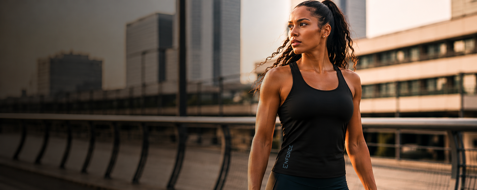 Woman in ENFORCE performance gear on an urban bridge at golden hour