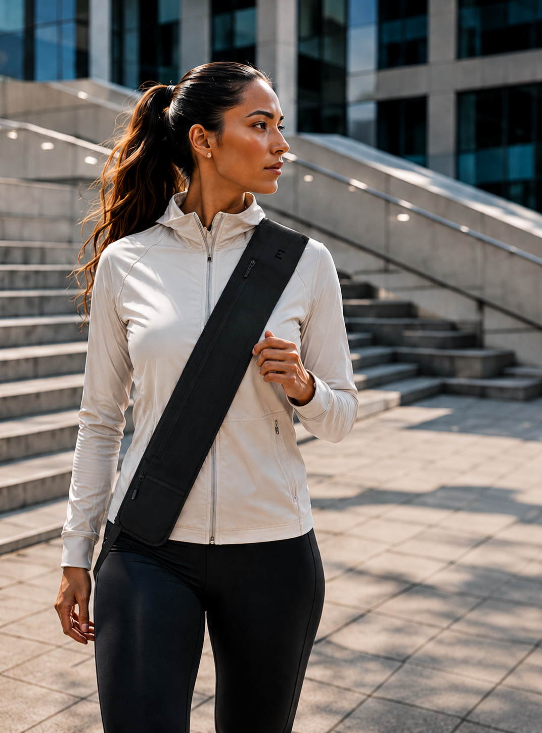 Woman in ENFORCE athletic jacket with crossbody bag in the city
