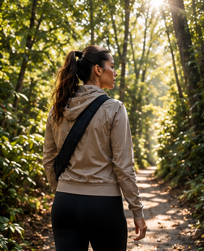 Woman walking on a wooded path wearing ENFORCE gear and a crossbody bag