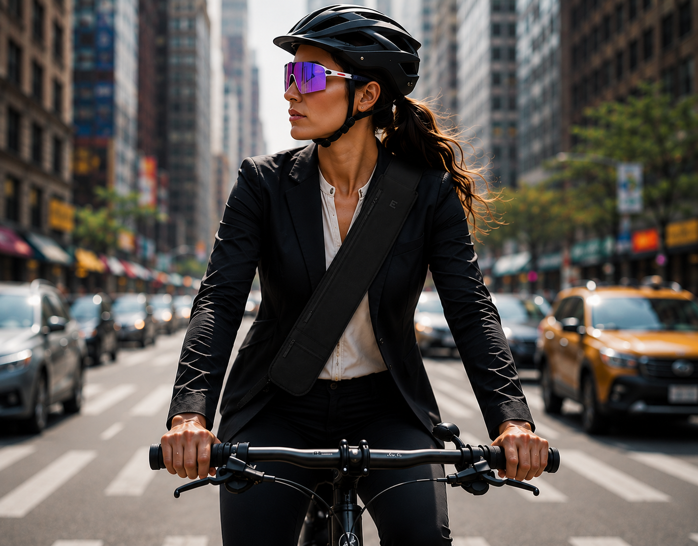 Woman commuting by bicycle through the city